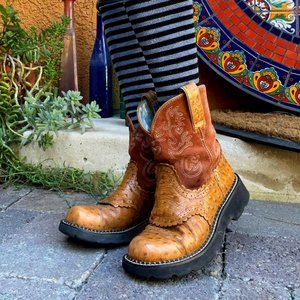 ARIAT FAT BABY *RARE* Cognac Ostrich Scallop Bib Suede Shaft Boots Sz 8